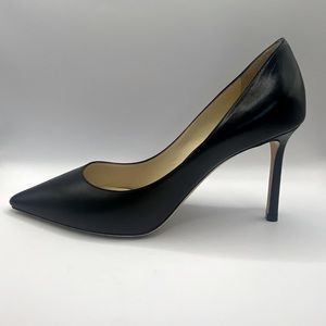 Jimmy Choo Heels Romy 85 Black Leather Pointed Toe Mid Heel Classic Pumps